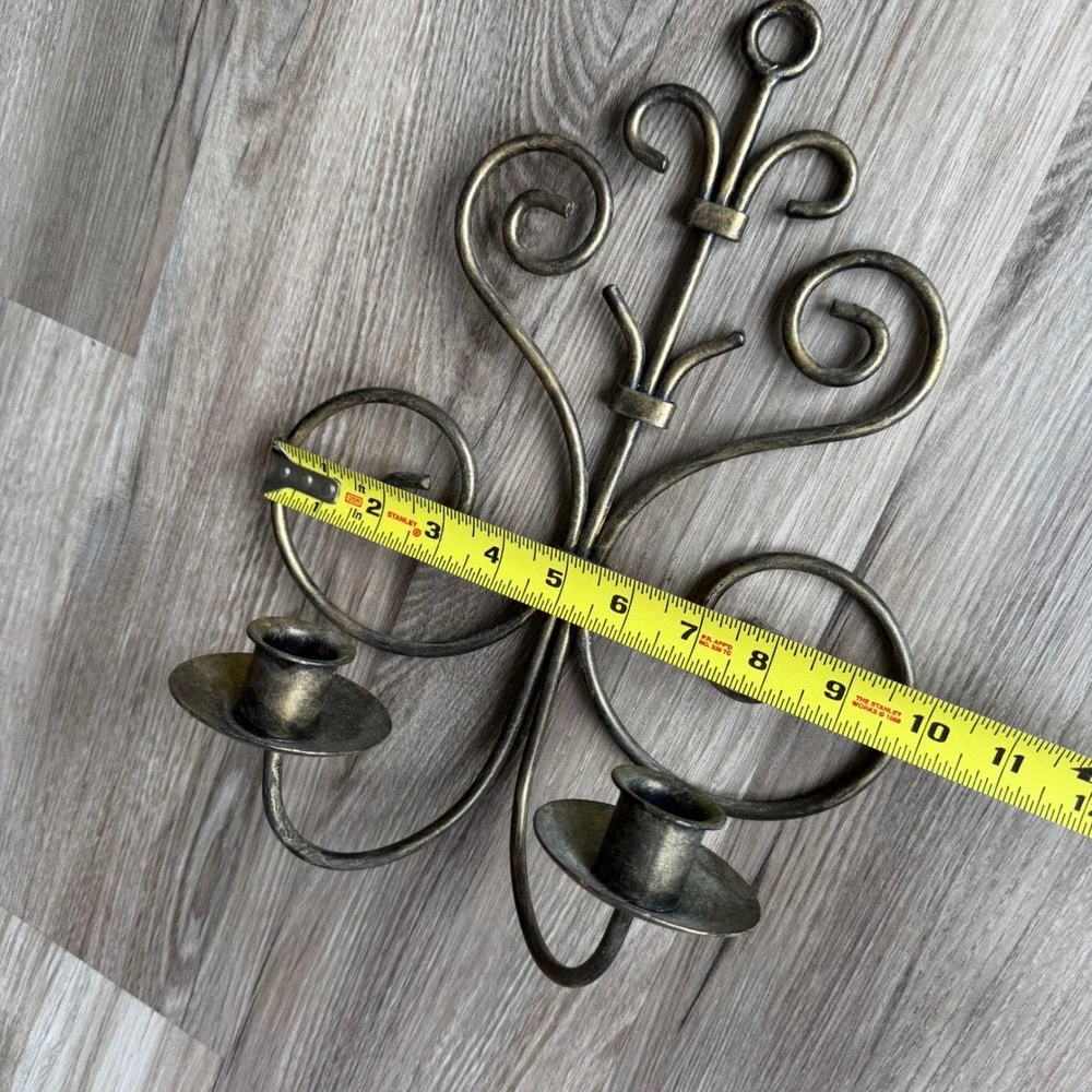 Vintage Metal Scroll Wall Sconce Double Taper Candle Holder Antique Bronze